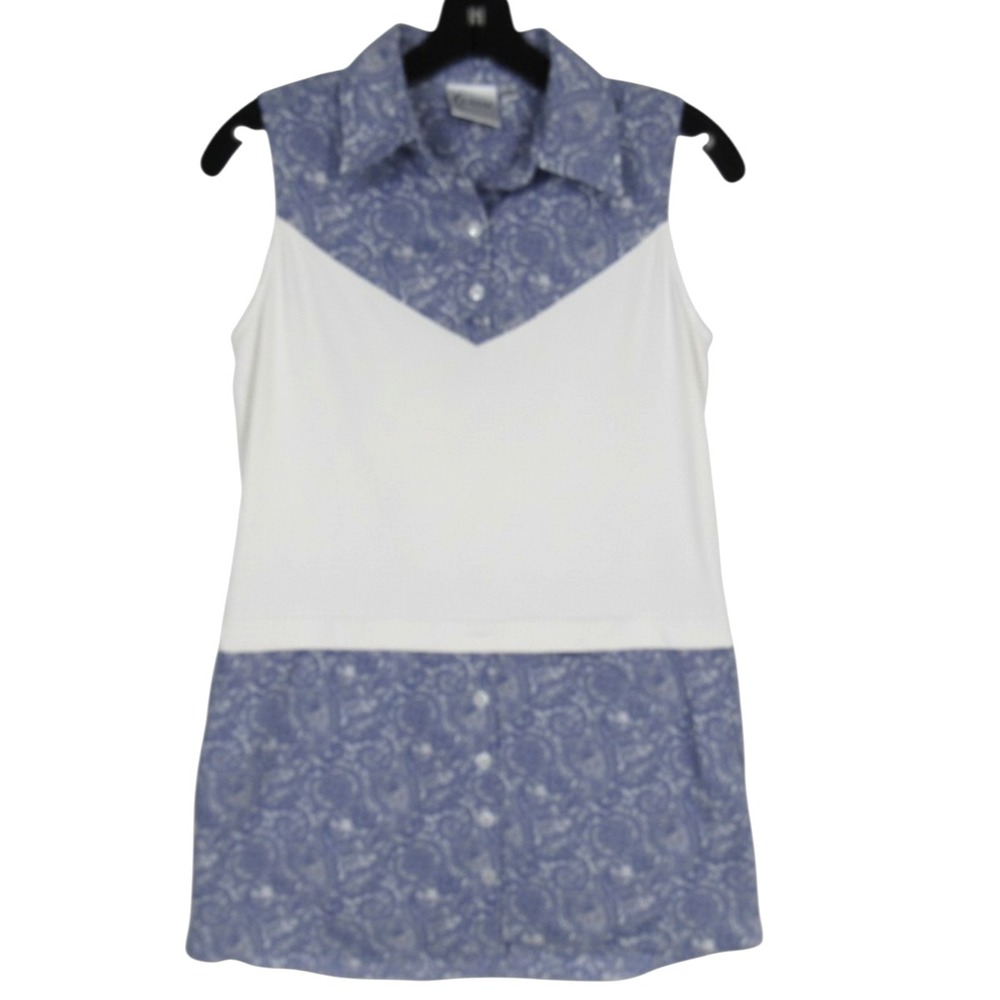 FINLEY Blue/White PAISLEY Sleeveless 2-BUTTONS Side Zip LAYERING TANK TOP Sz S
